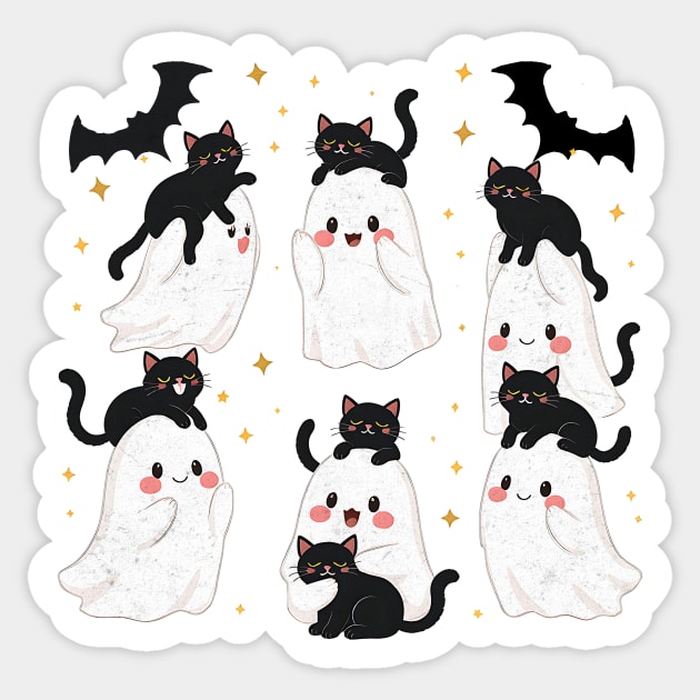 Kawaii Ghosts with Playful Black Cats Halloween Design Sticker by Designed By Marty